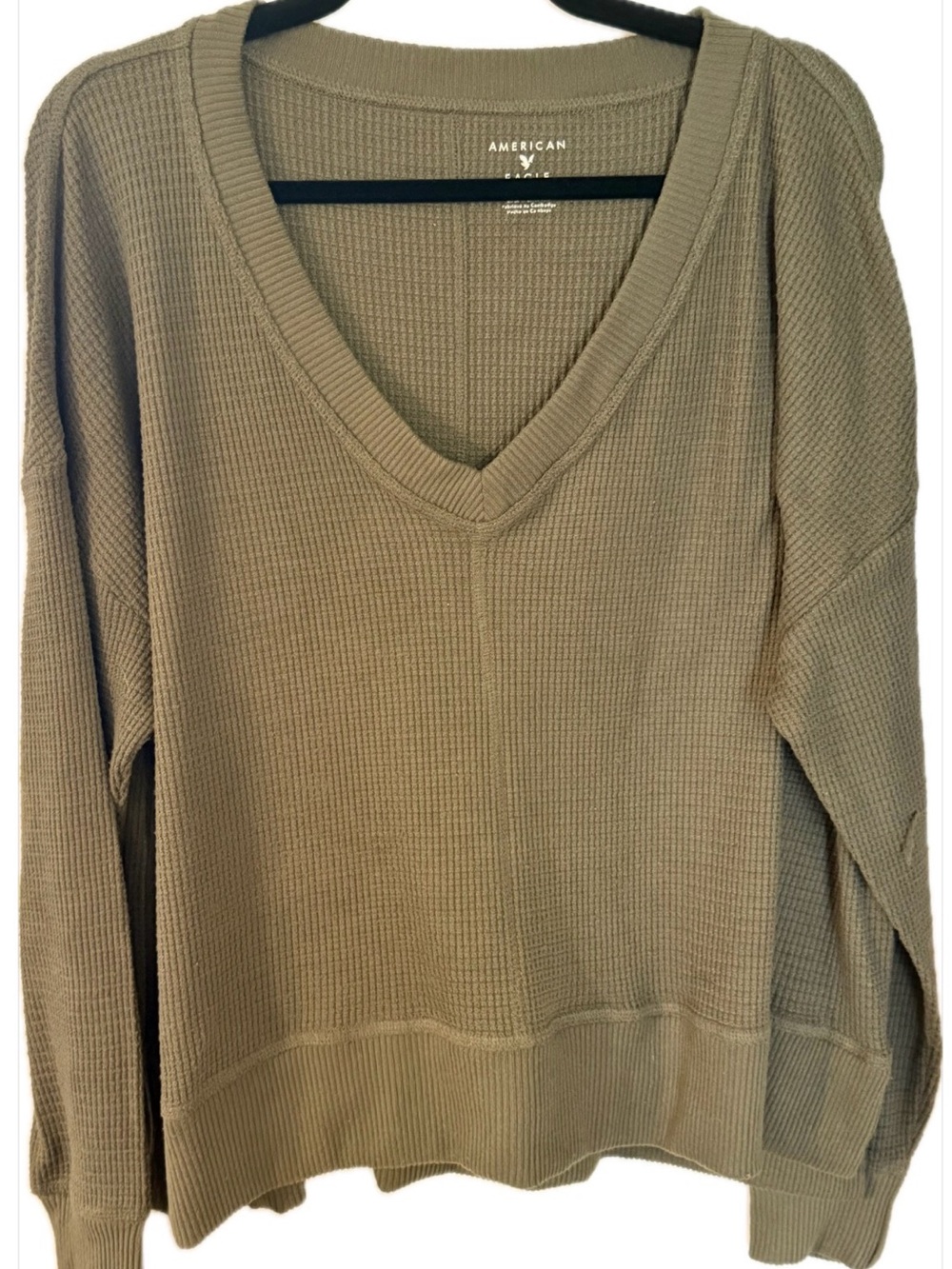 American Eagle Soft and Sexy V-Neck Waffle Knit Sweater - Olive/Taupe Sz L